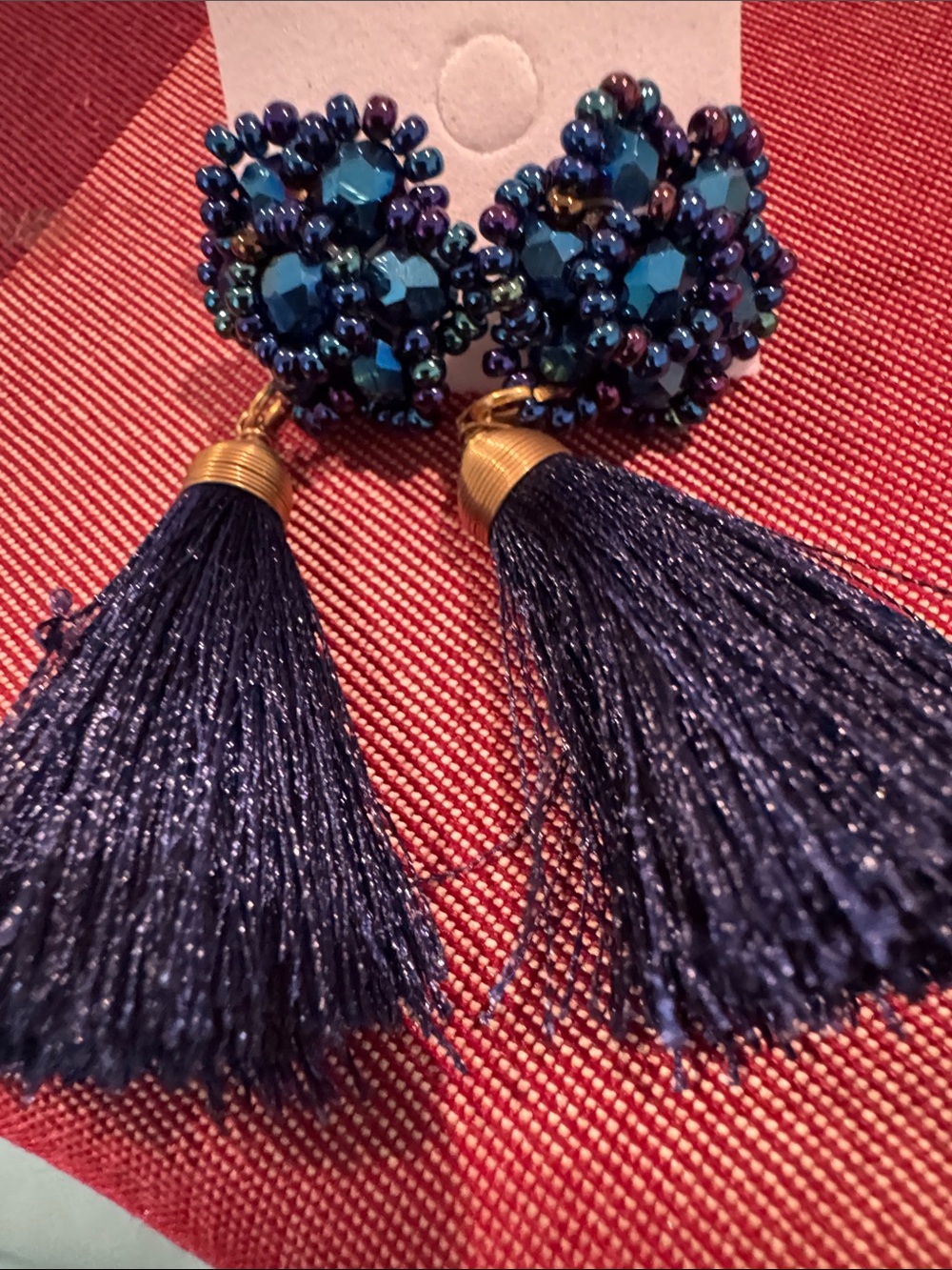 Beaded Blue Tassel Drop Earrings